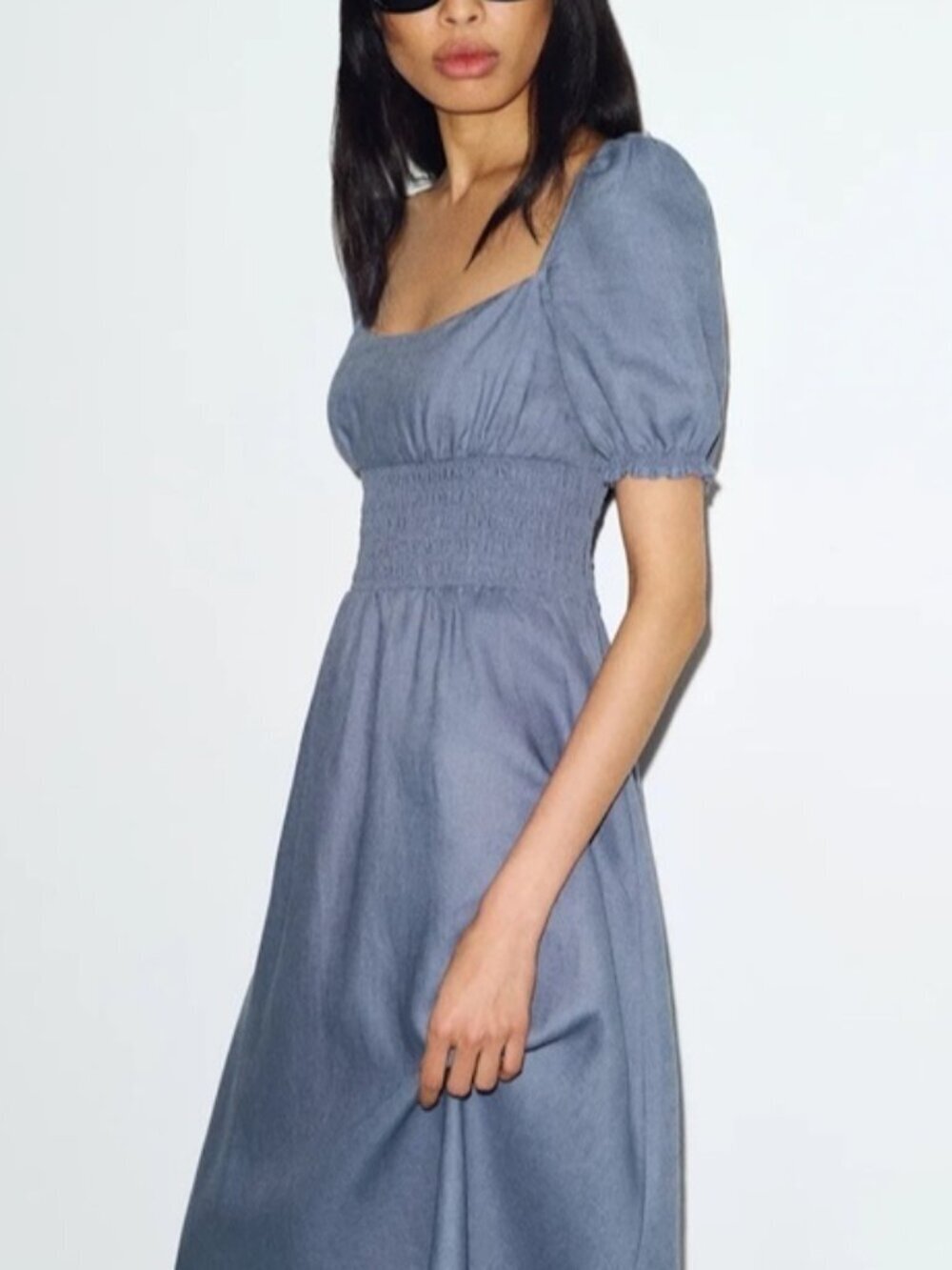 NEW Reformation Adler Linen Midi Smocked Puff Sleeve Dress Cornflower Blue US 2